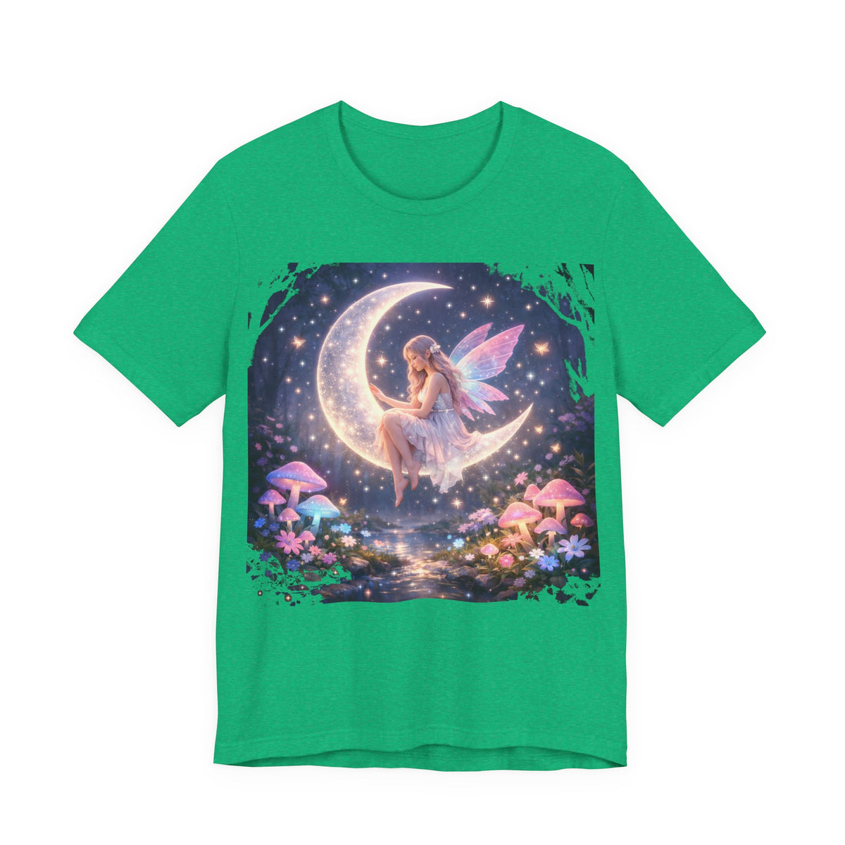 Fairy on the Moon T‑Shirt — Dreamy Fantasy Night Tee with Fairy and Mushrooms