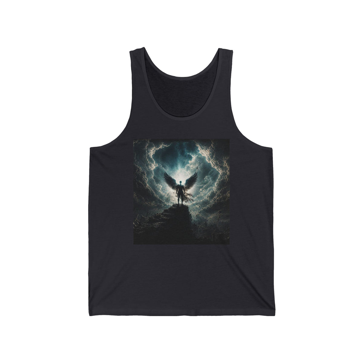 Angel Silhouette Tank Top — Dark Stormy Sky Winged Figure Graphic Tank
