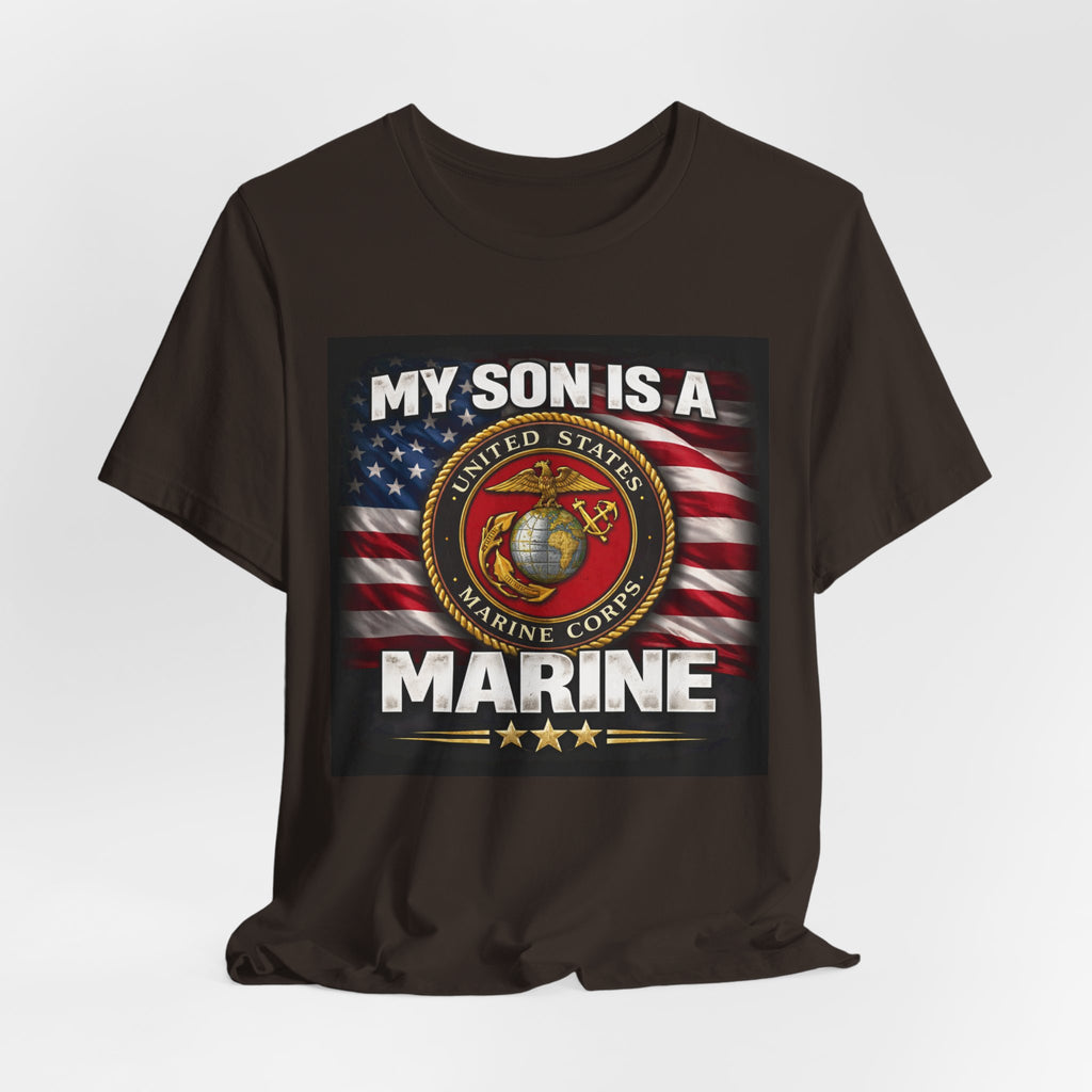 Marine Pride T-Shirt — "My Son Is A Marine" American Flag Emblem