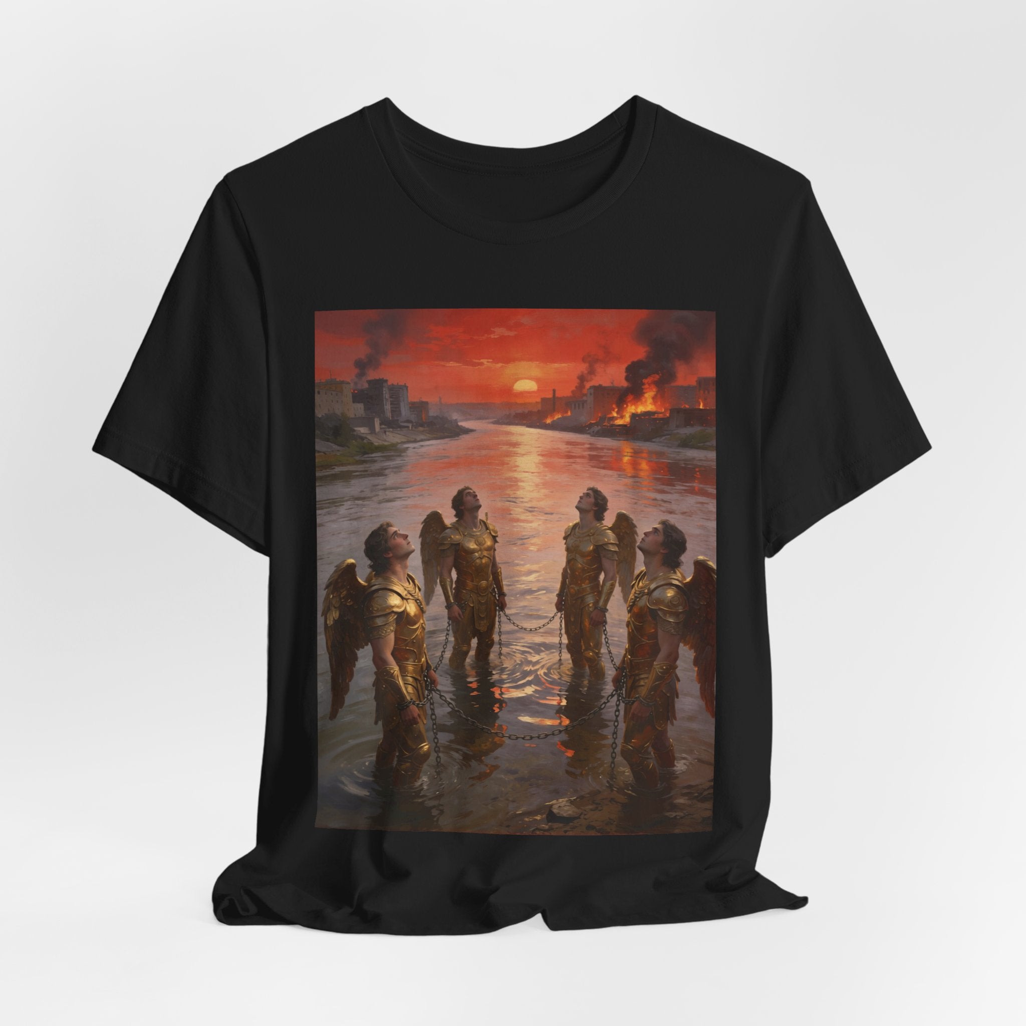 Revelation 9 reveals four fallen angels bound in the Euphrates River, awaiting God’s appointed time to bring judgment. T-Shirt