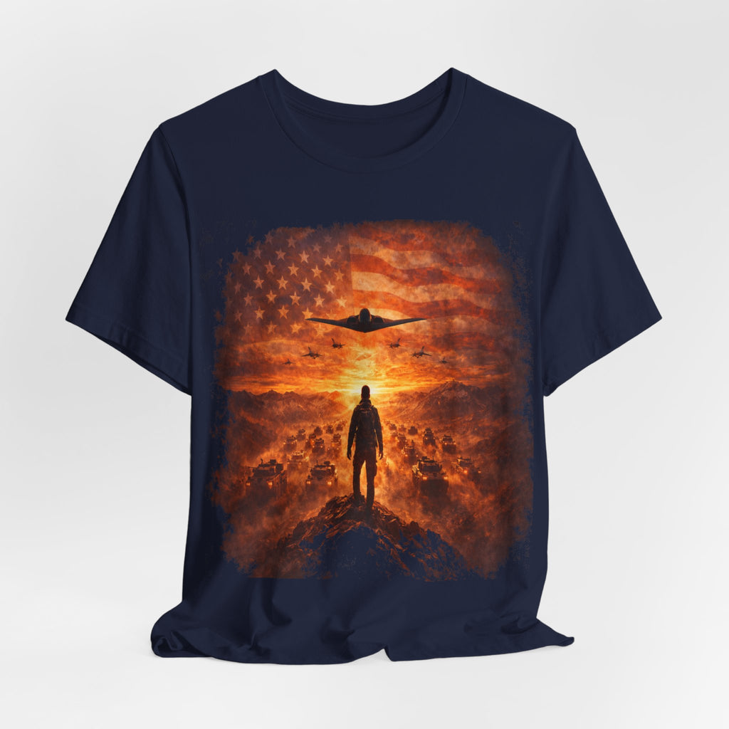 USA-Military Aviation T-Shirt — Bomber Silhouette with American Flag Sunset