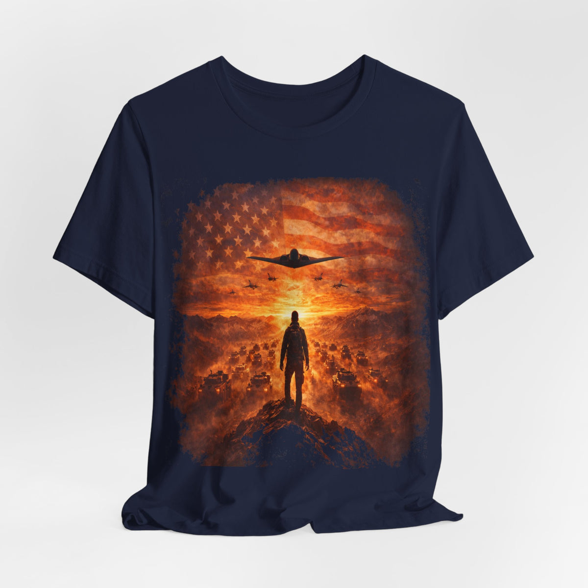 USA-Military Aviation T-Shirt — Bomber Silhouette with American Flag Sunset