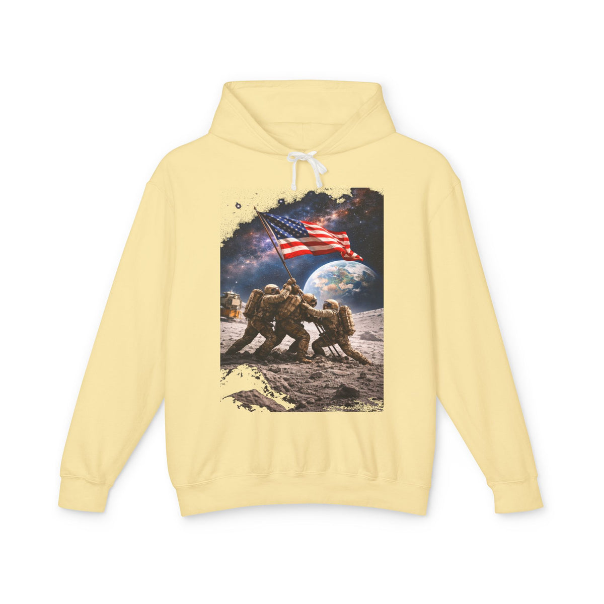 Patriotic Moon Landing Hoodie — Astronauts Raising American Flag Graphic