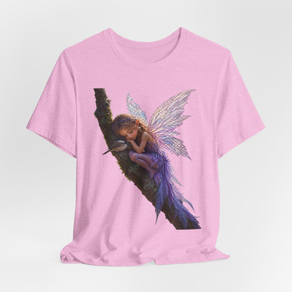 Fairy Sleeping on Branch T-Shirt — Magical Purple Fairy Tee for Women & Girls