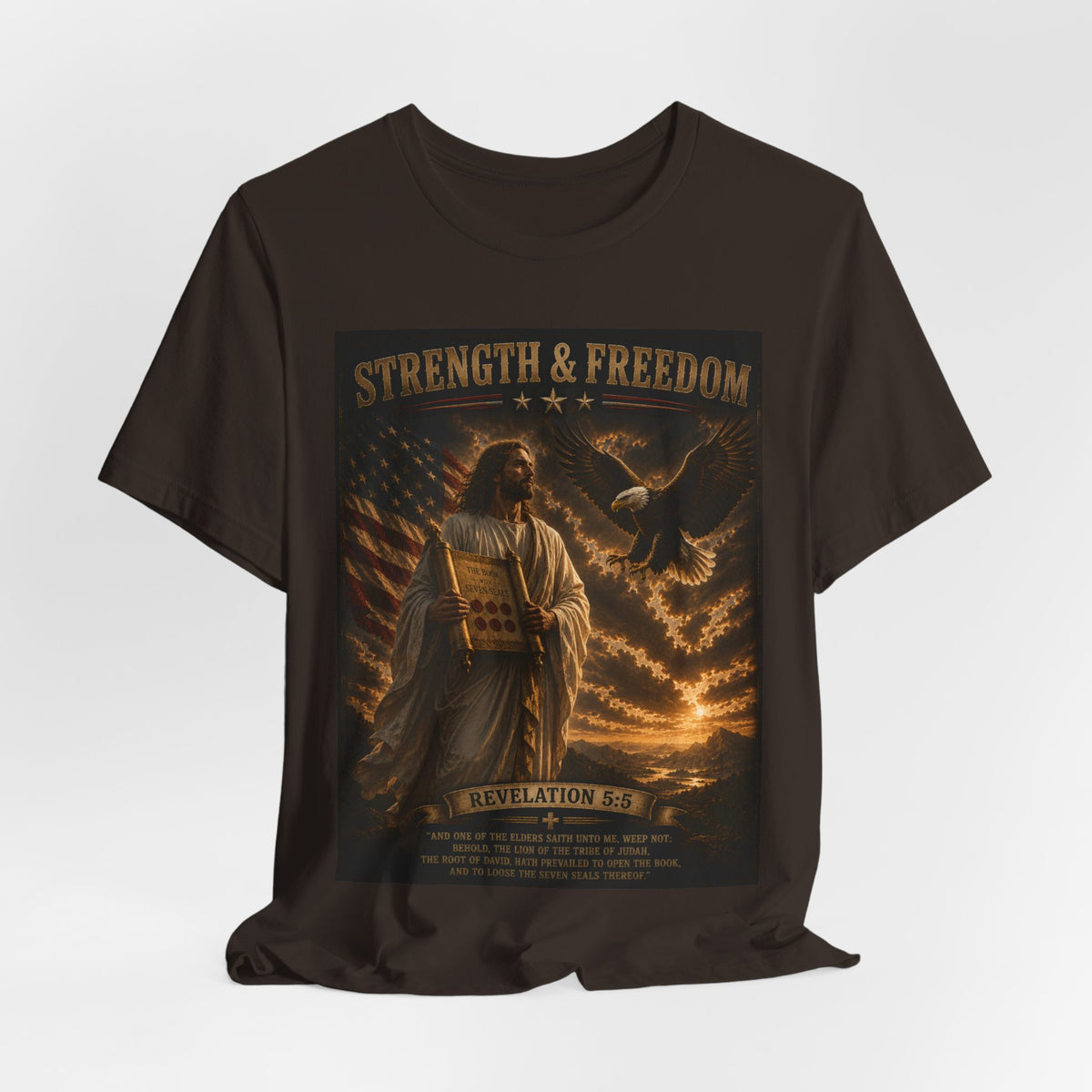 Strength & Freedom T-Shirt — Jesus with Tablets & Eagle, Revelation 20 Christian Tee