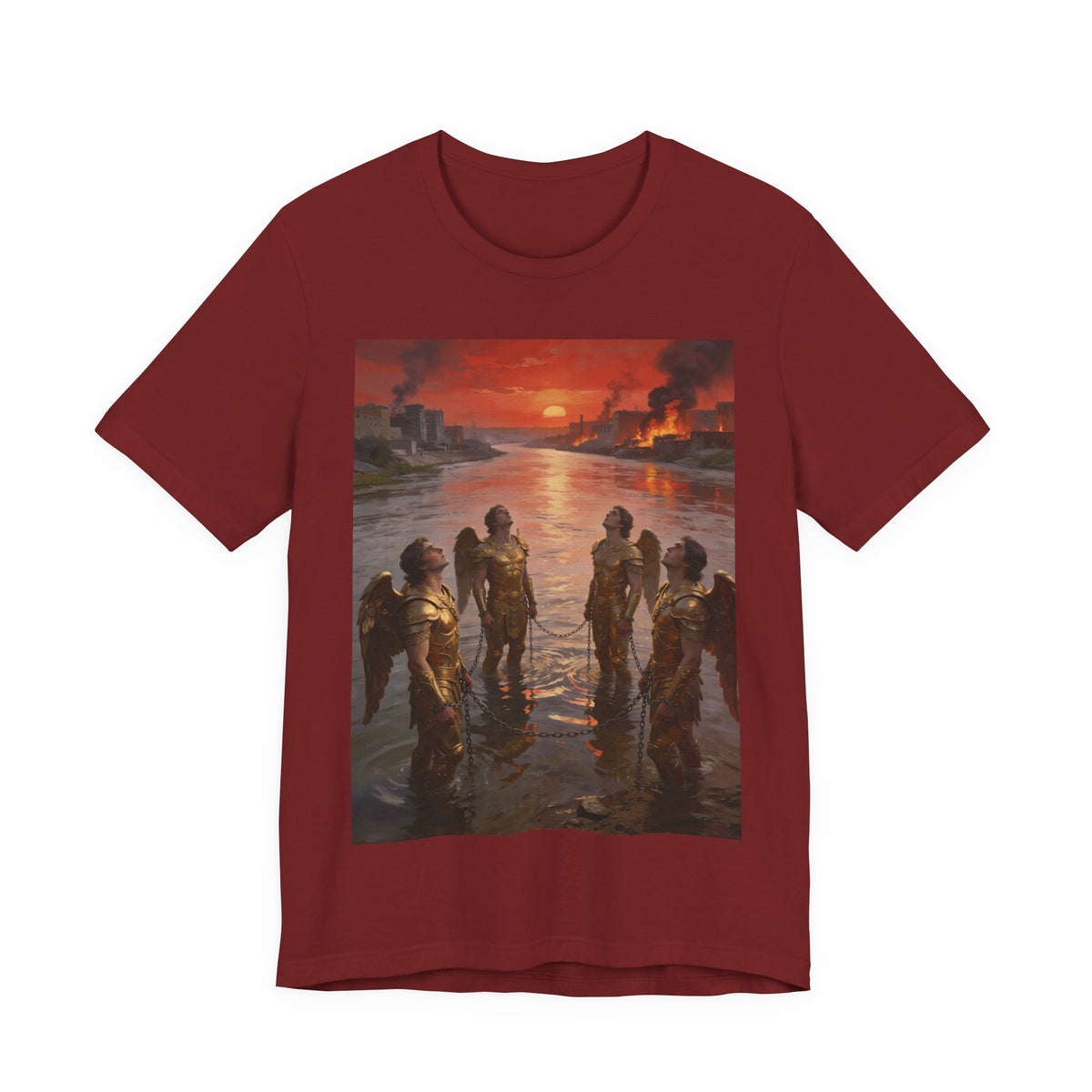 Revelation 9 reveals four fallen angels bound in the Euphrates River, awaiting God’s appointed time to bring judgment. T-Shirt