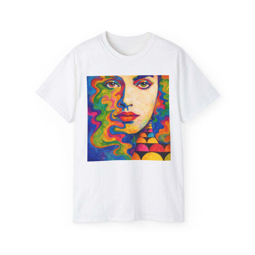 Psychedelic Portrait Cotton T‑Shirt — Colorful Retro Face Art Tee