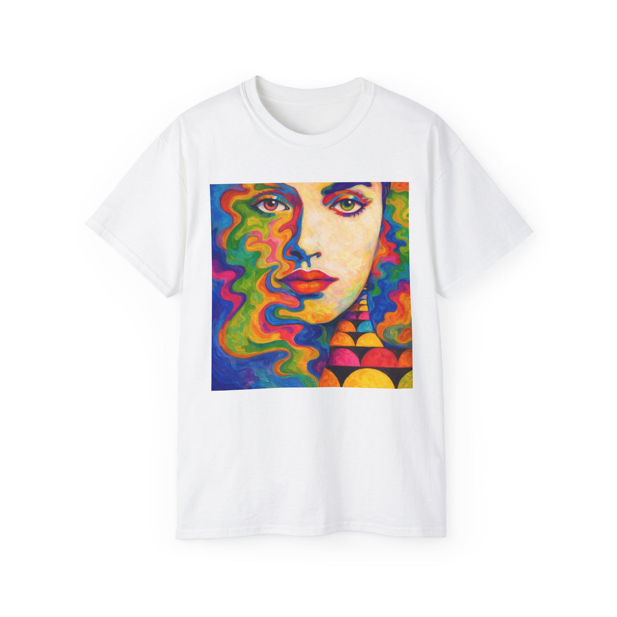 Psychedelic Portrait Cotton T‑Shirt — Colorful Retro Face Art Tee