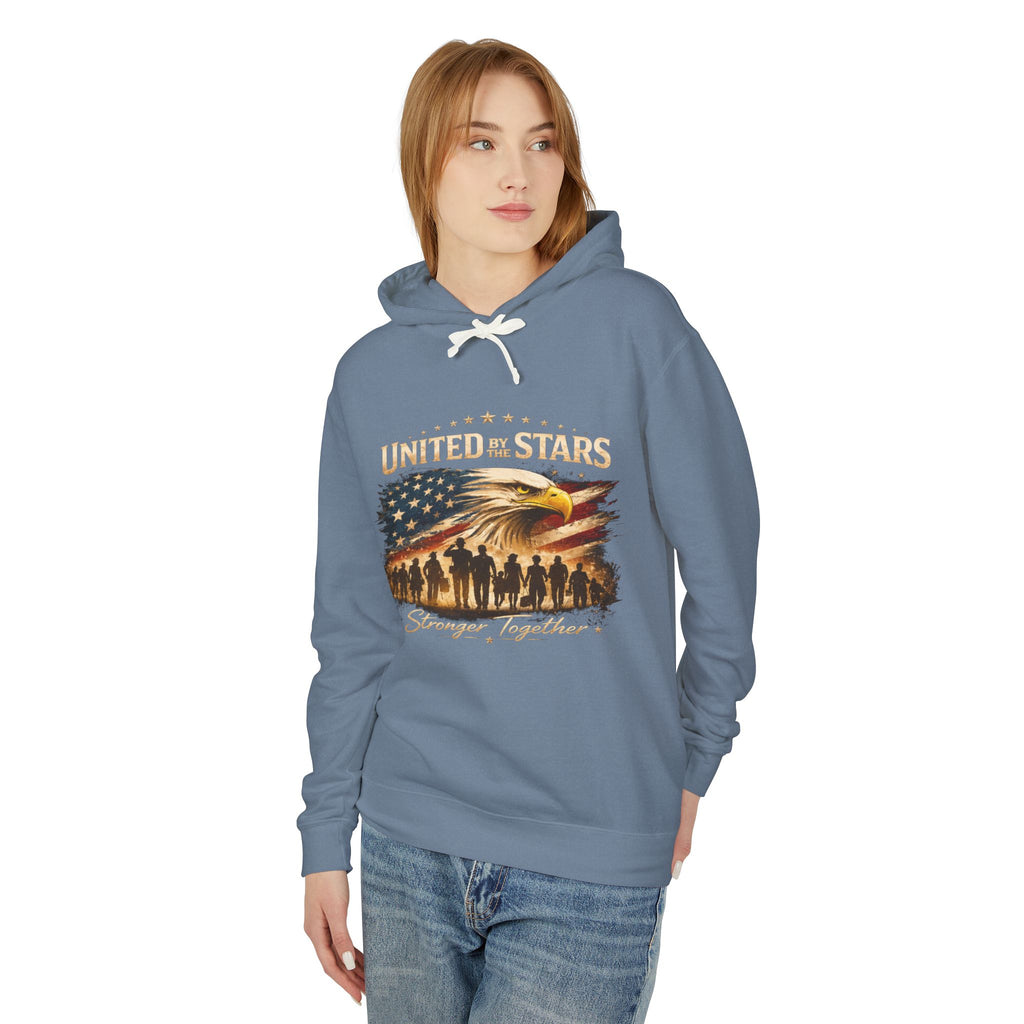 United By The Stars Eagle Flag Hoodie — "Stronger Together" Patriotic Military Veteran Pullover