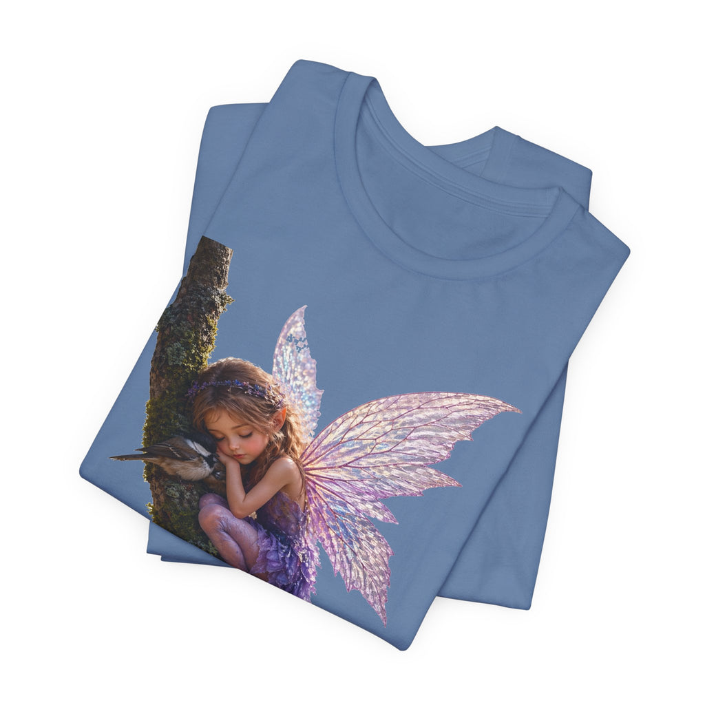 Fairy Sleeping on Branch T-Shirt — Magical Purple Fairy Tee for Women & Girls