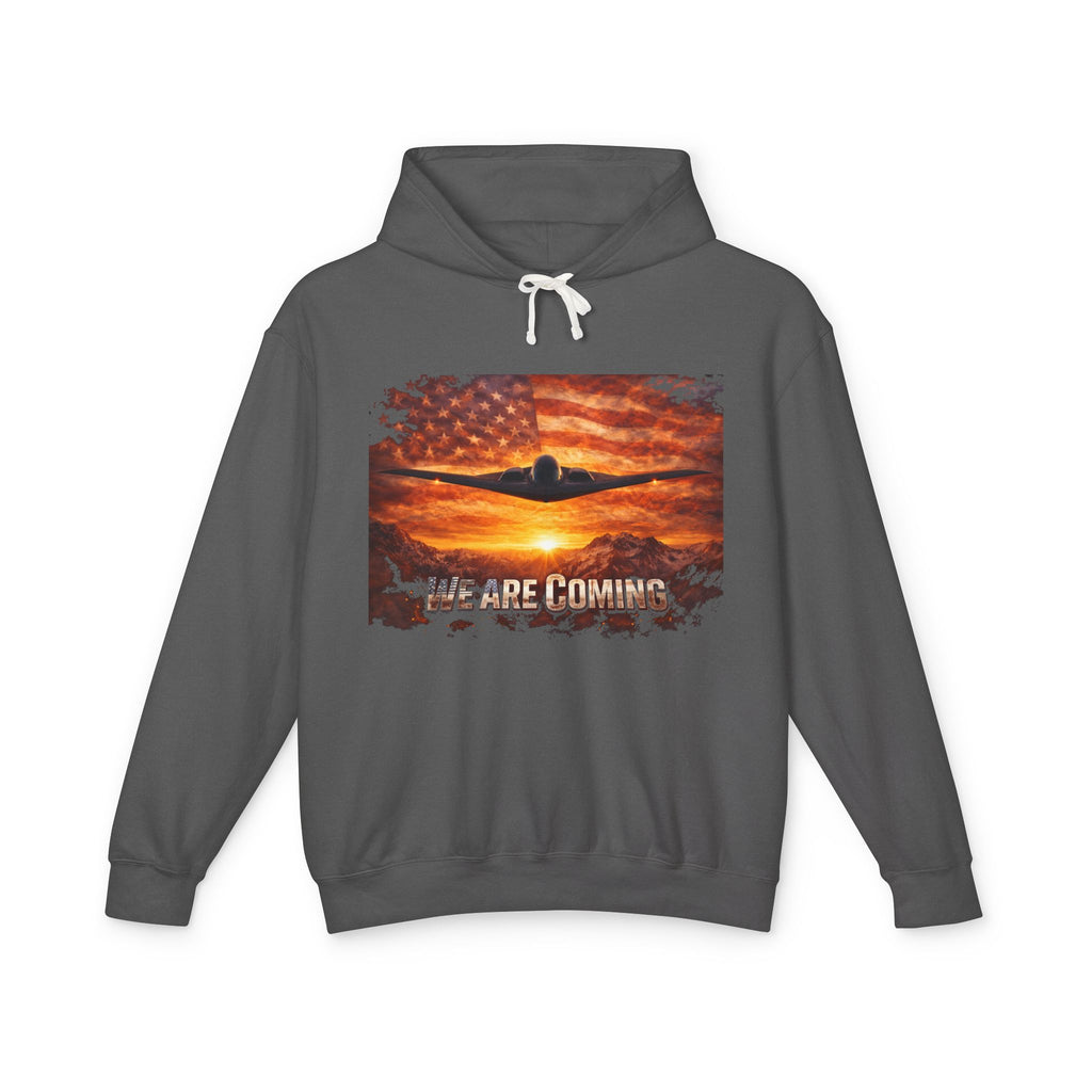 USA B2 Spirt--Airplane Sunset Hoodie — "Wherever I Roam" Vintage Flag Pilot Sweatshirt