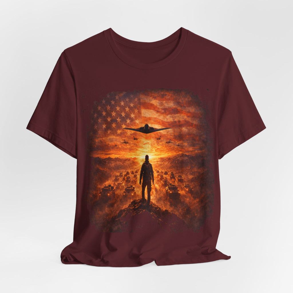USA-Military Aviation T-Shirt — Bomber Silhouette with American Flag Sunset