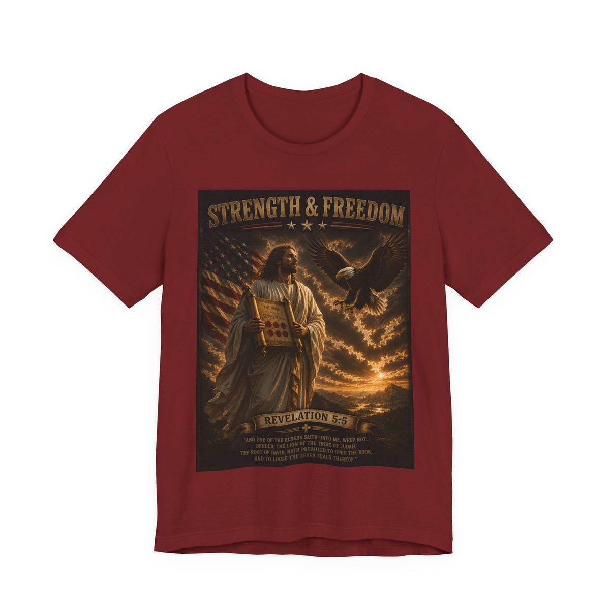 Strength & Freedom T-Shirt — Jesus with Tablets & Eagle, Revelation 20 Christian Tee