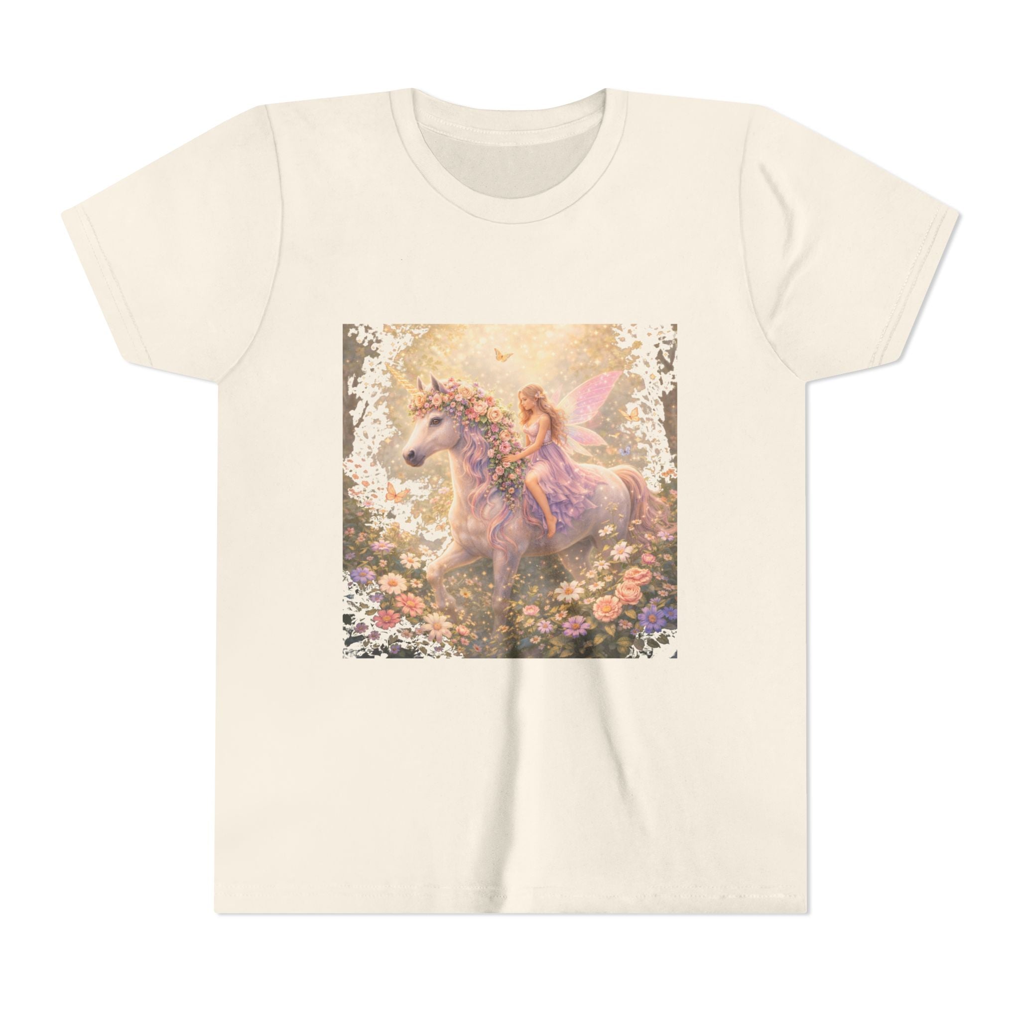 Youth Tee — Magical Fairy Riding Unicorn in Floral Garden Kids Shirt