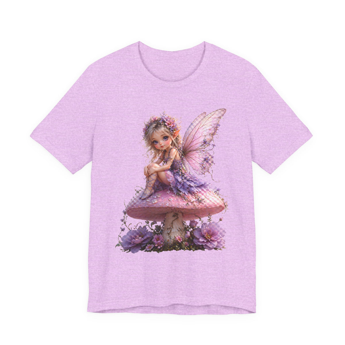 Fairy on Mushroom T-Shirt — Cute Pink Butterfly Fairy Graphic Tee for Kids & Adults