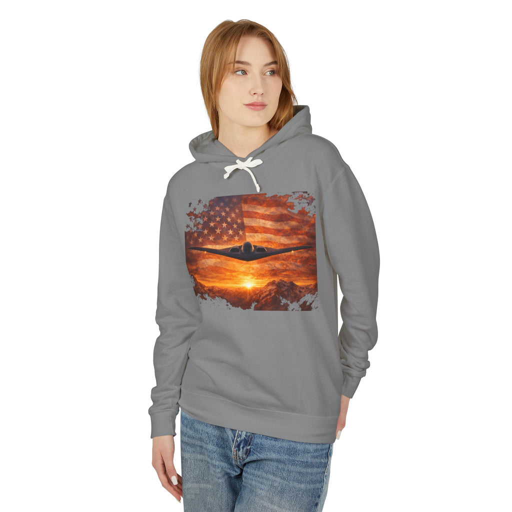 B-2 Stealth Bomber Flag Hoodie — American Aviation Sunset Pullover