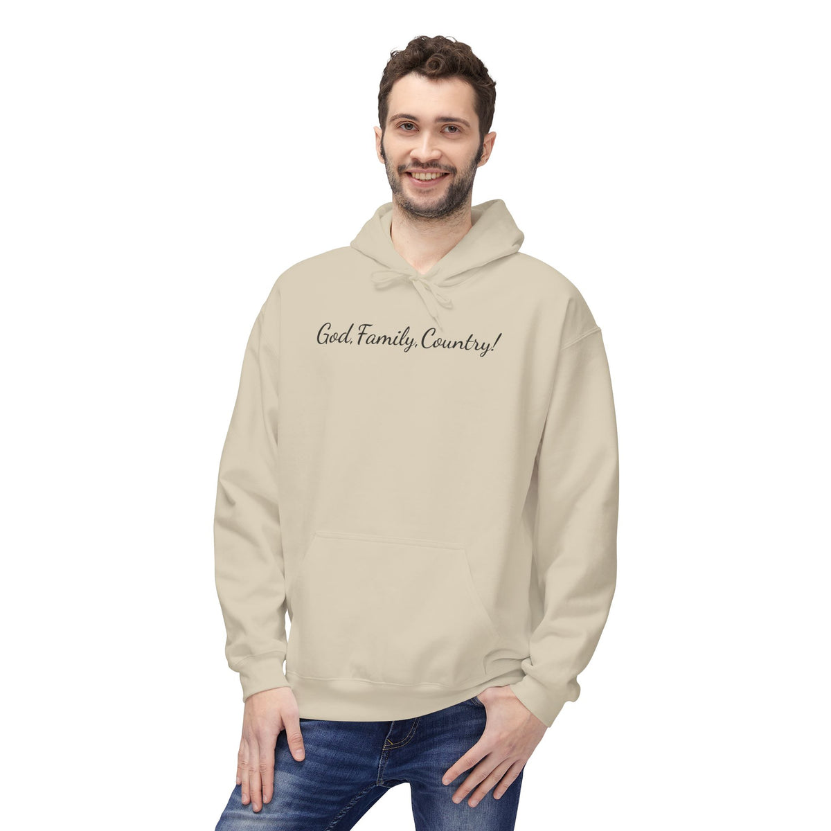 God, Family & Country Hoodie - Minimal Script Pullover for Patriotic Faithwear