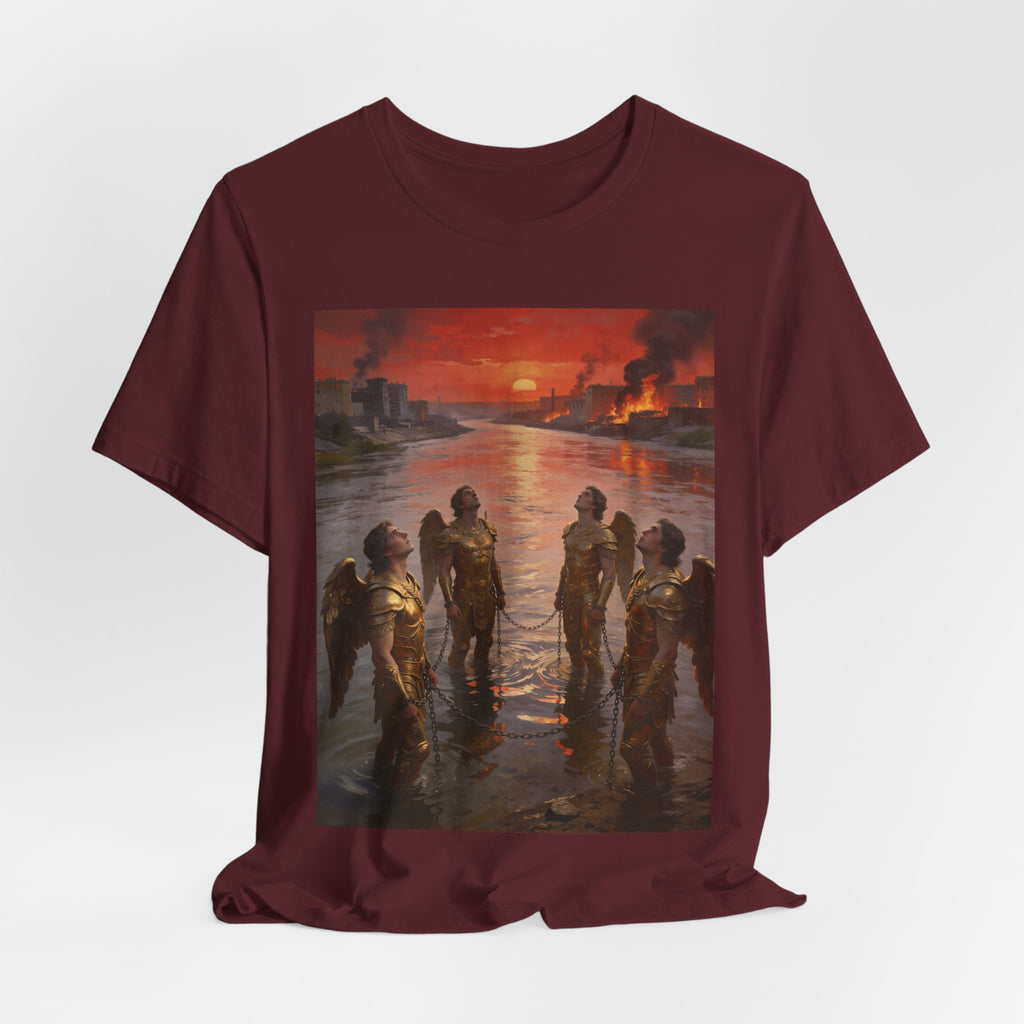 Revelation 9 reveals four fallen angels bound in the Euphrates River, awaiting God’s appointed time to bring judgment. T-Shirt