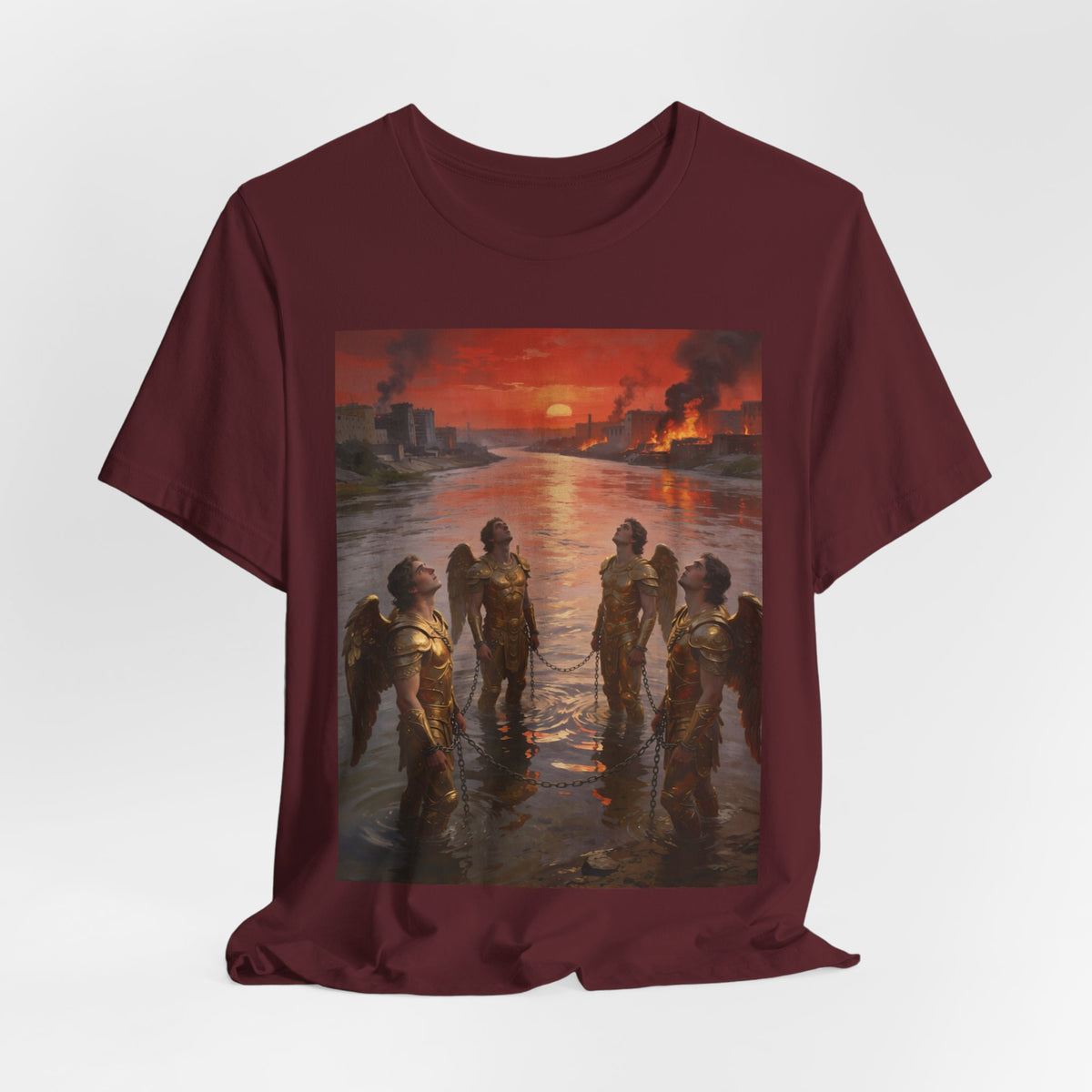 Revelation 9 reveals four fallen angels bound in the Euphrates River, awaiting God’s appointed time to bring judgment. T-Shirt