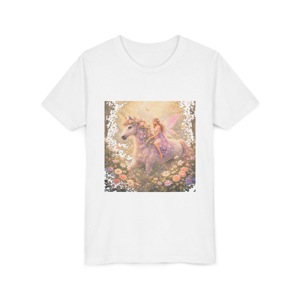 Youth Tee — Magical Fairy Riding Unicorn in Floral Garden Kids Shirt