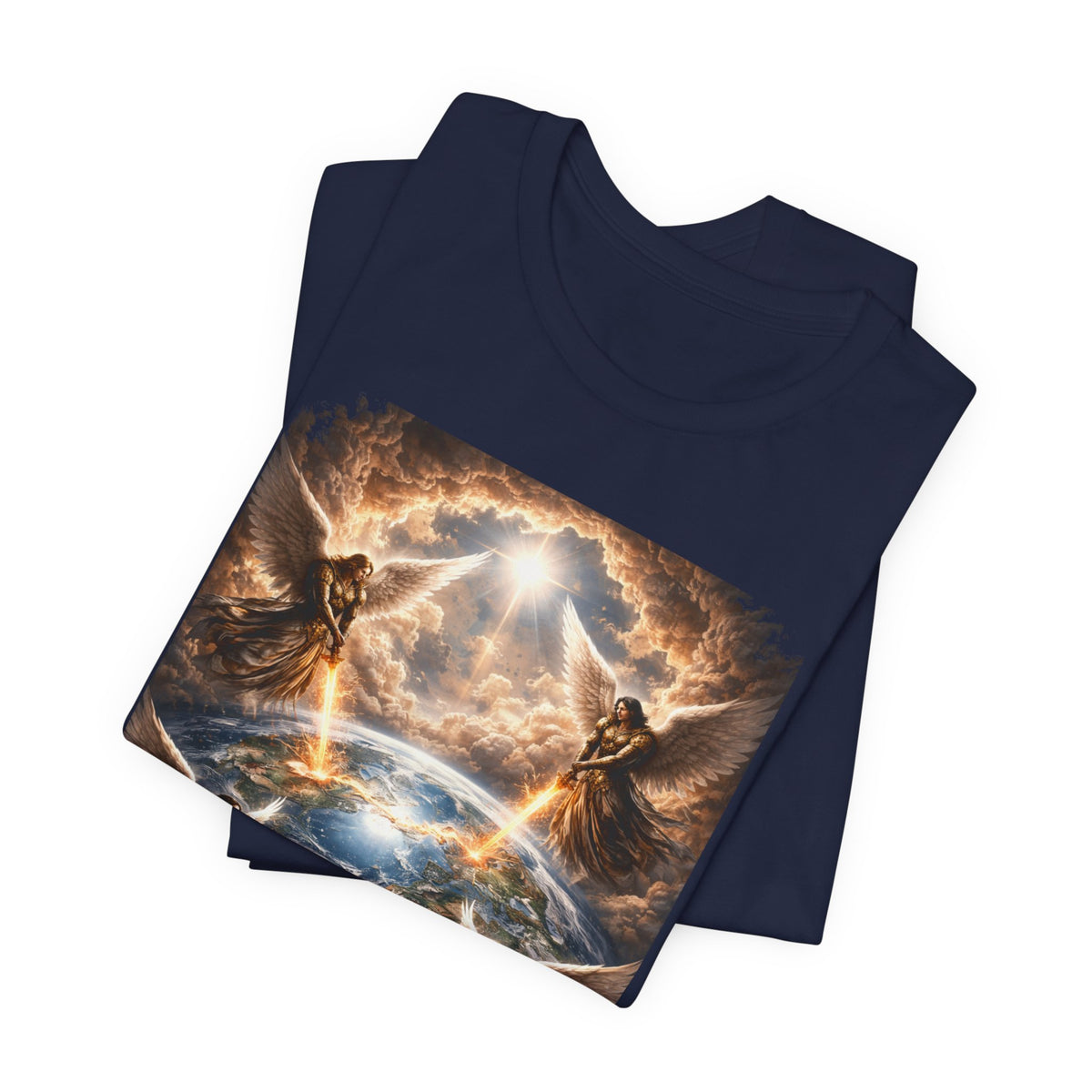 Revelation 7:1 Four angels standing on the four corners of the earth as seen from heaven-when the secound comingis near T‑Shirt — Heavenly Earth & Angels Graphic Tee