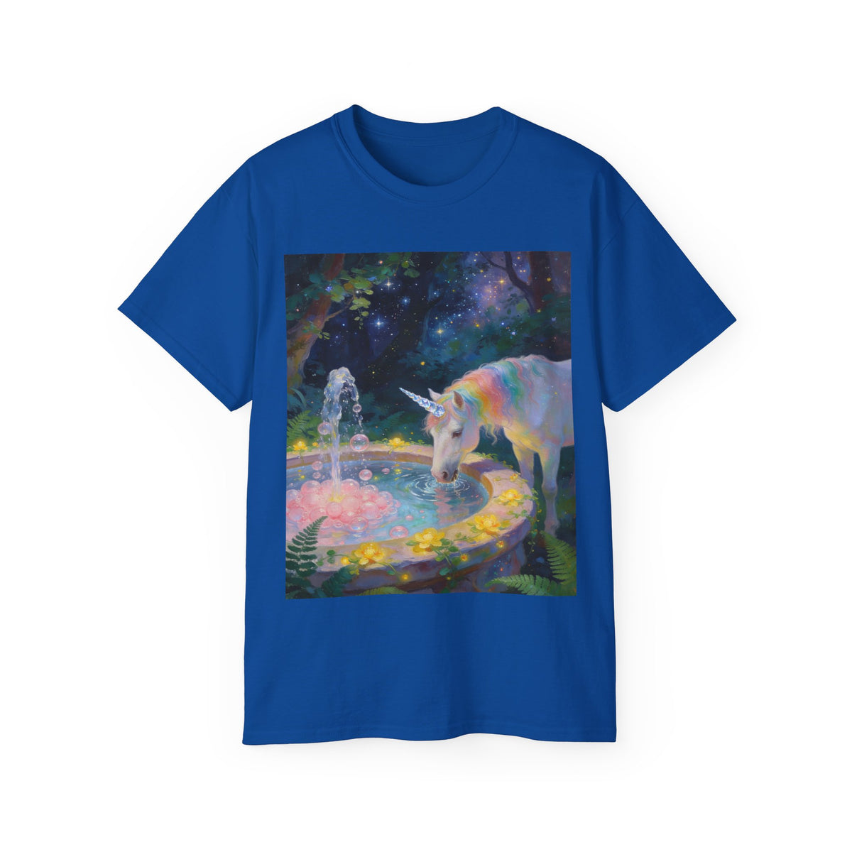 Copy of Unicorn Night Garden Tee — Rainbow Unicorn at Moonlit Fountain T-Shirt
