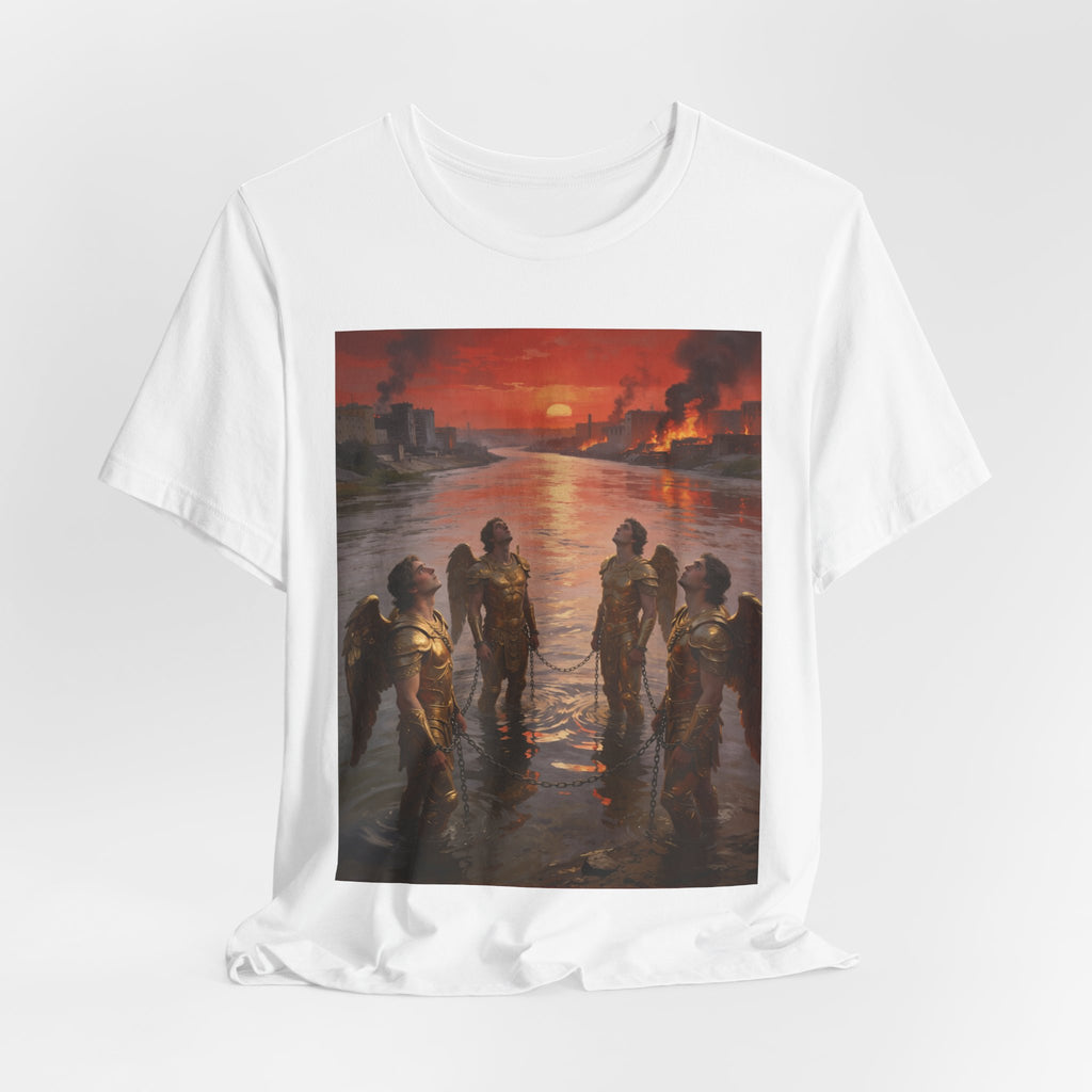 Revelation 9 reveals four fallen angels bound in the Euphrates River, awaiting God’s appointed time to bring judgment. T-Shirt