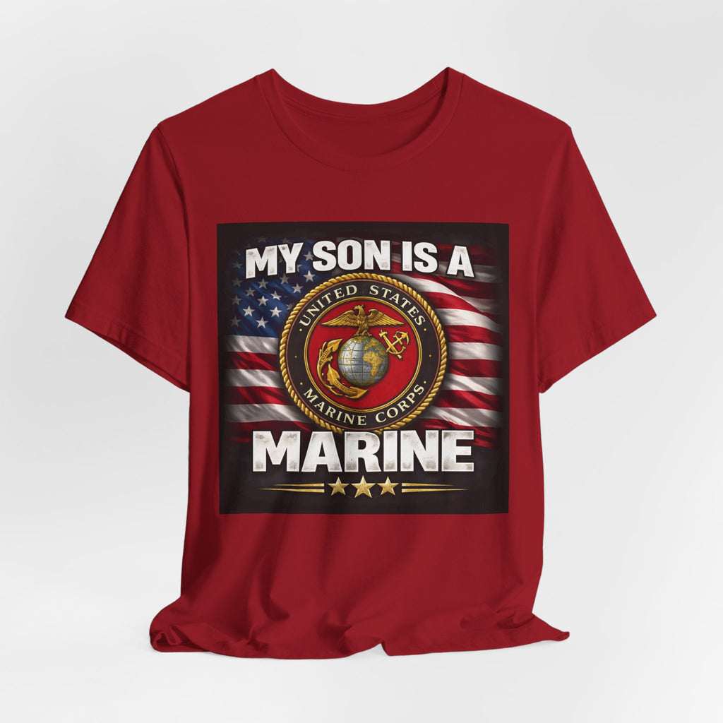 Marine Pride T-Shirt — "My Son Is A Marine" American Flag Emblem