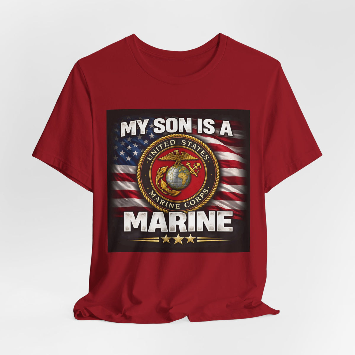 Marine Pride T-Shirt — "My Son Is A Marine" American Flag Emblem