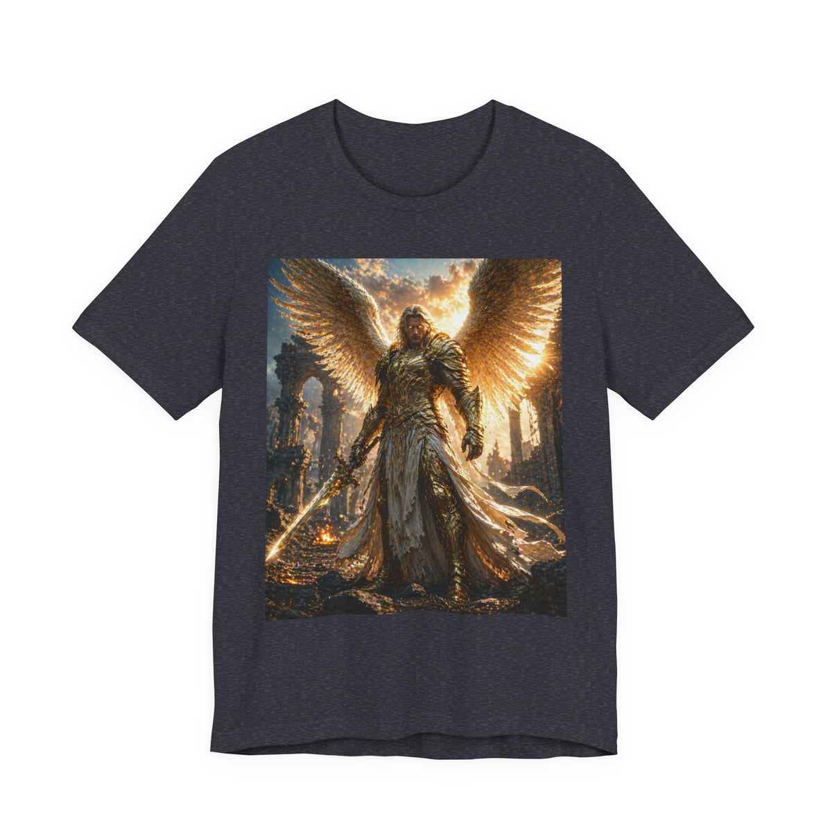 Angel Warrior Graphic Tee — Golden Archangel Battle Scene T-Shirt