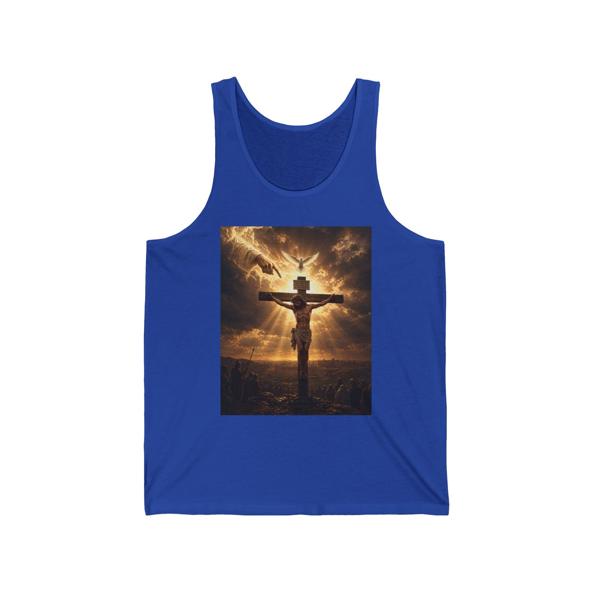 Christian Crucifixion Tank Top — Jesus on the Cross with Dove & Radiant Light