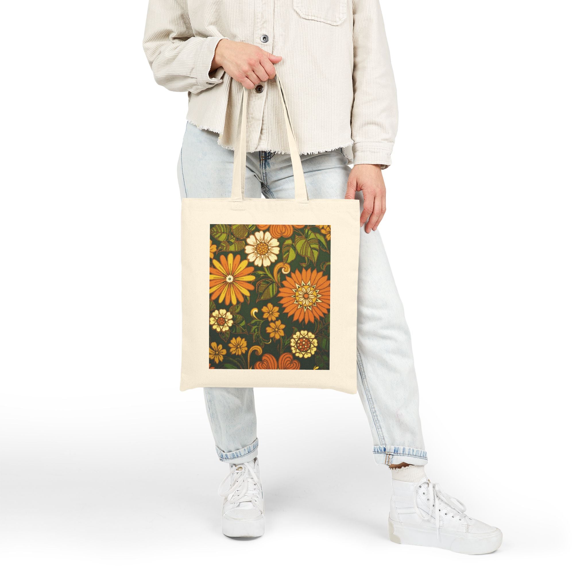 Retro Orange Floral Tote Bag — Vintage Daisy Canvas Grocery & Market Tote
