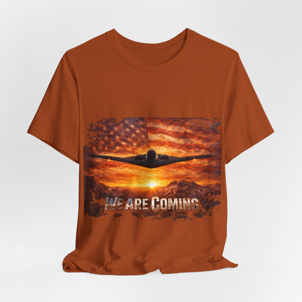 We Are Coming Military T-Shirt – American Flag Bomber Plane Graphic Tee