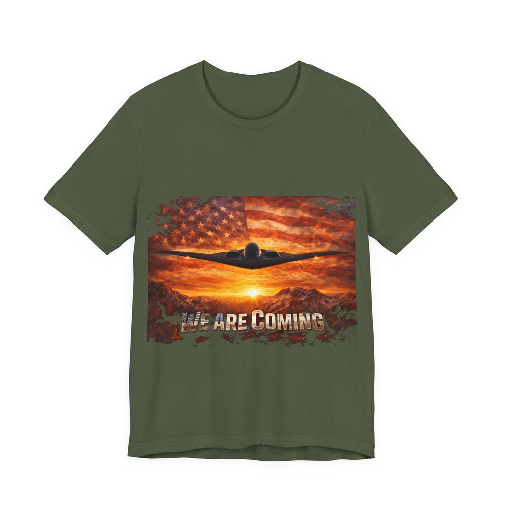 We Are Coming Military T-Shirt – American Flag Bomber Plane Graphic Tee