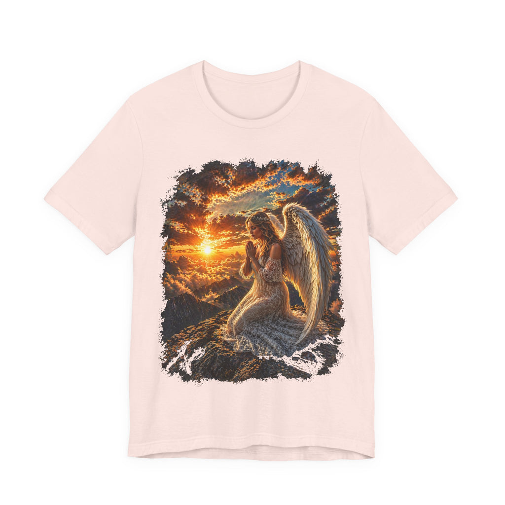 Angel at Sunset Graphic Tee — Prayerful Guardian Winged Angel T-Shirt