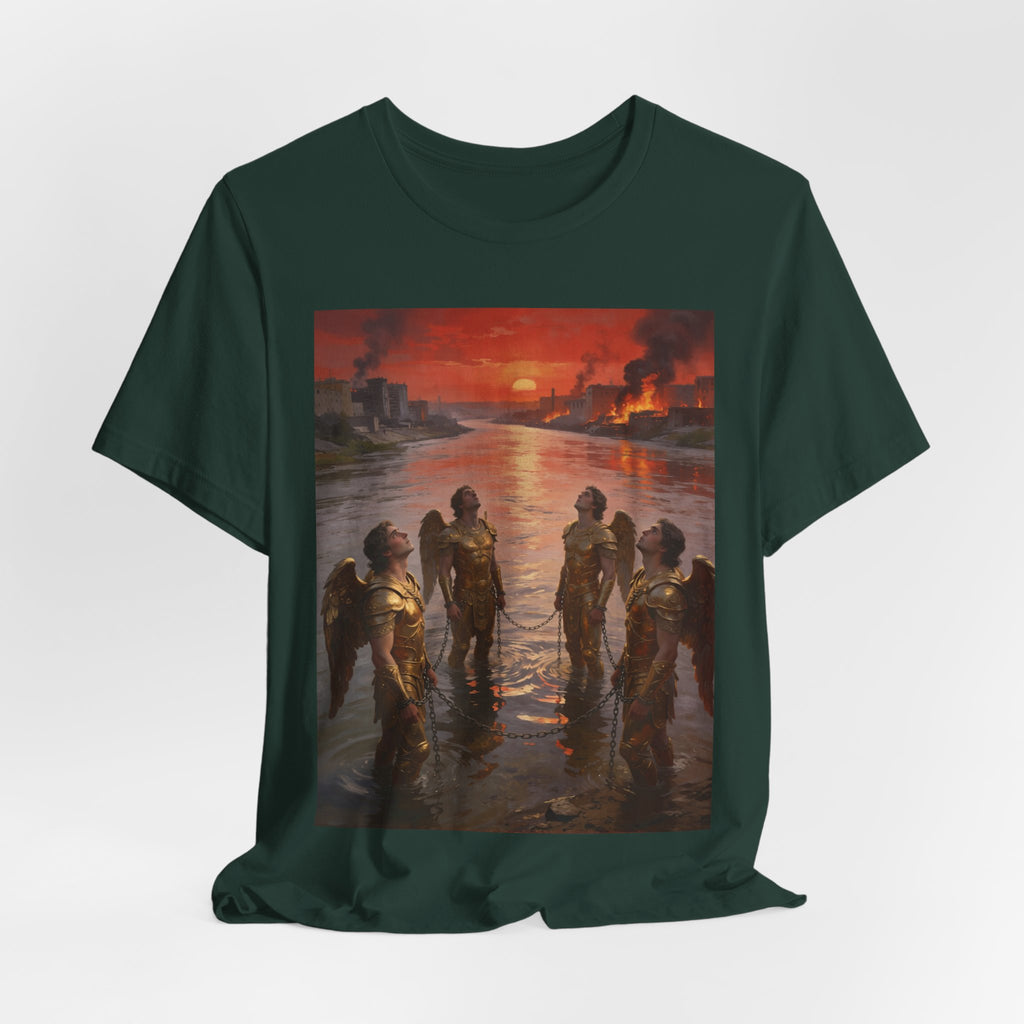 Revelation 9 reveals four fallen angels bound in the Euphrates River, awaiting God’s appointed time to bring judgment. T-Shirt