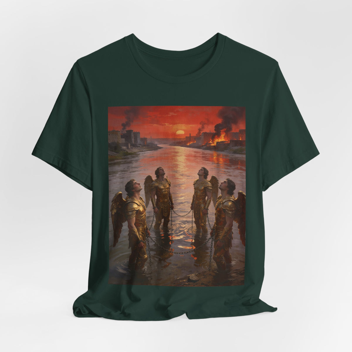 Revelation 9 reveals four fallen angels bound in the Euphrates River, awaiting God’s appointed time to bring judgment. T-Shirt