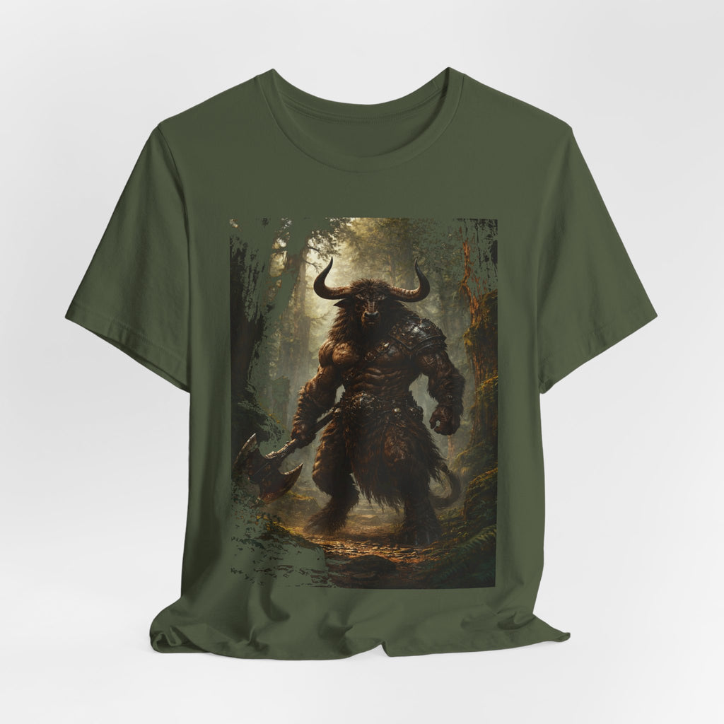 Minotaur Forest Warrior T-Shirt — Mythic Fantasy Creature Graphic Tee