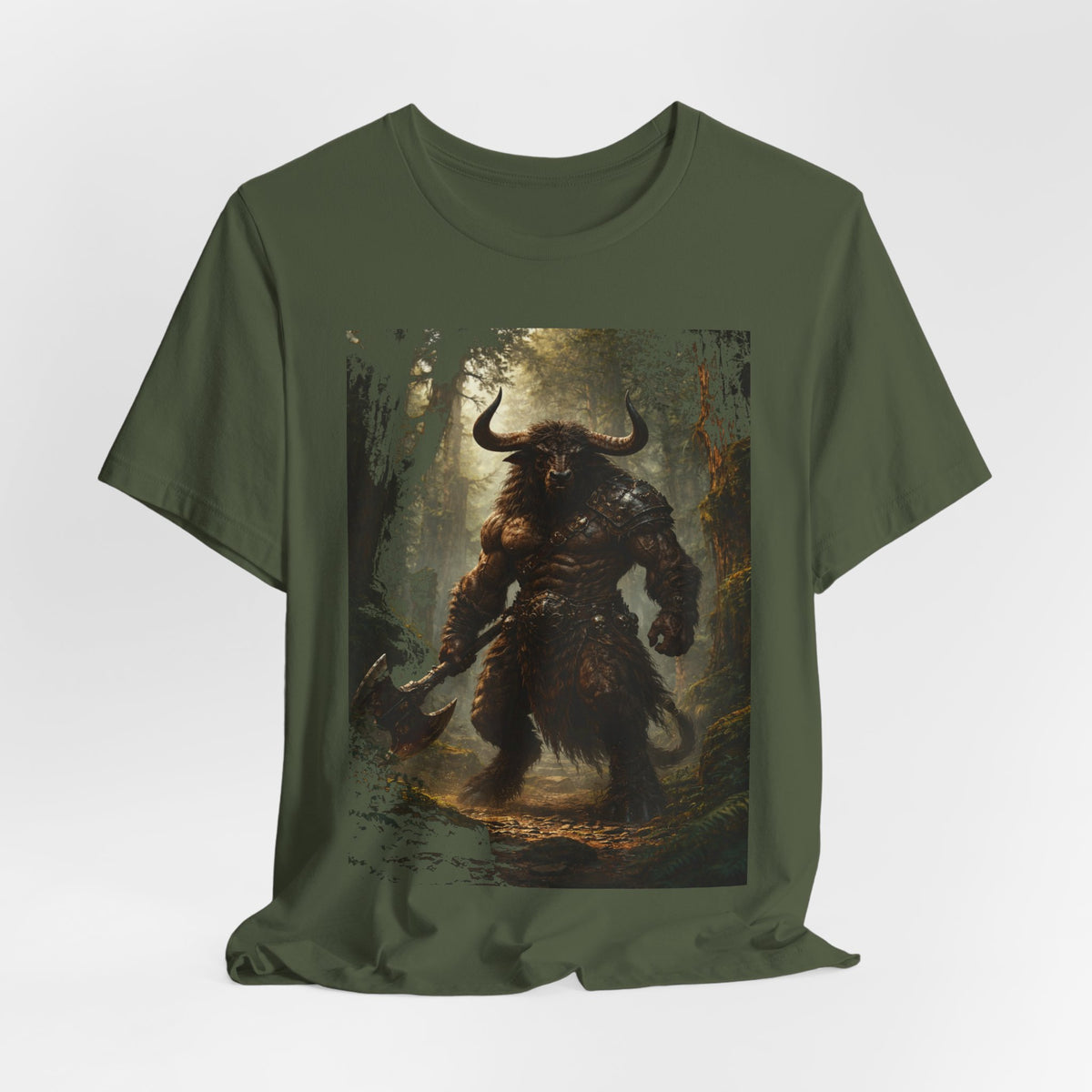 Minotaur Forest Warrior T-Shirt — Mythic Fantasy Creature Graphic Tee