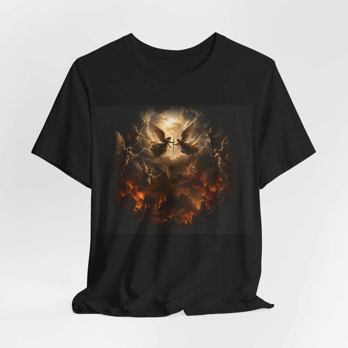 Apocalyptic Angel Graphic Tee — Fallen Skies Battle Scene T‑Shirt
