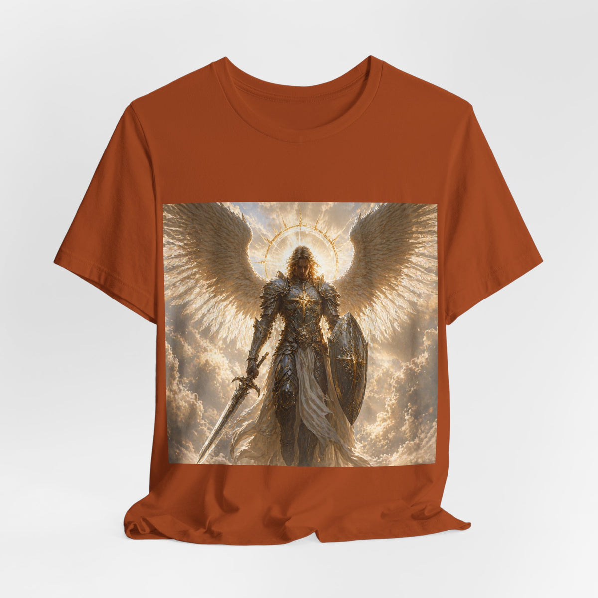 Archangel Warrior Graphic Tee — Golden Angel with Sword & Shield