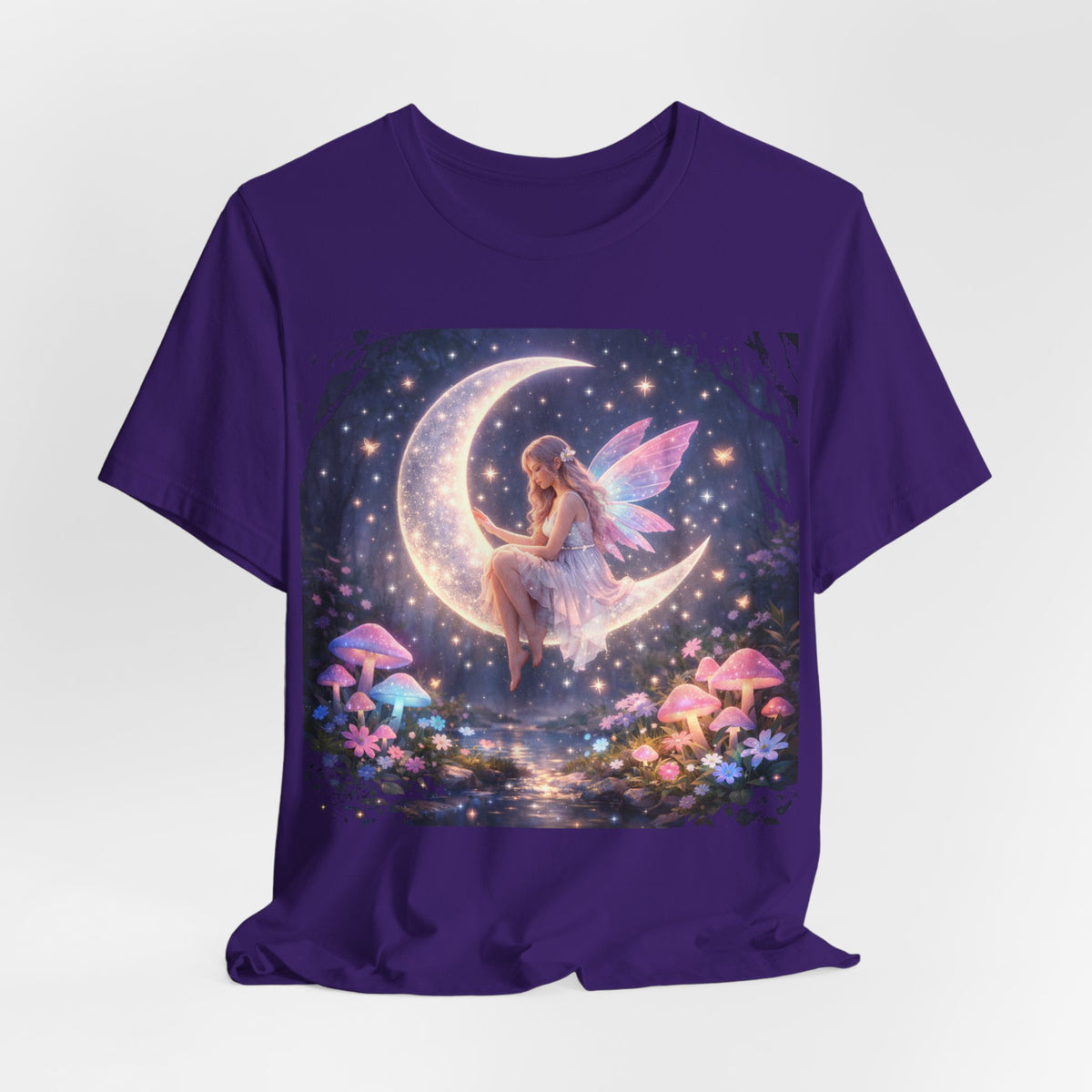 Fairy on the Moon T‑Shirt — Dreamy Fantasy Night Tee with Fairy and Mushrooms
