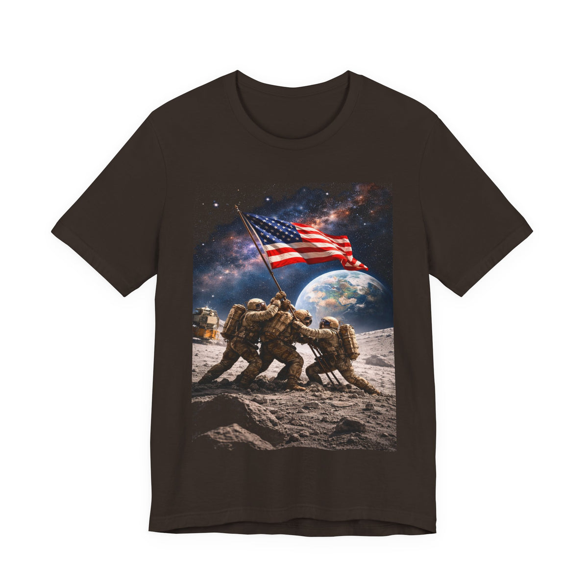 Patriotic Moon Landing Tee — Soldiers Raising American Flag Graphic T-Shirt
