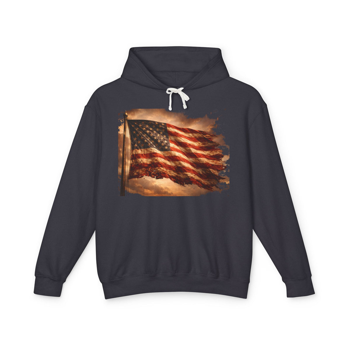 Distressed American Flag Hoodie — Vintage Patriot Lightweight Sweatshirt