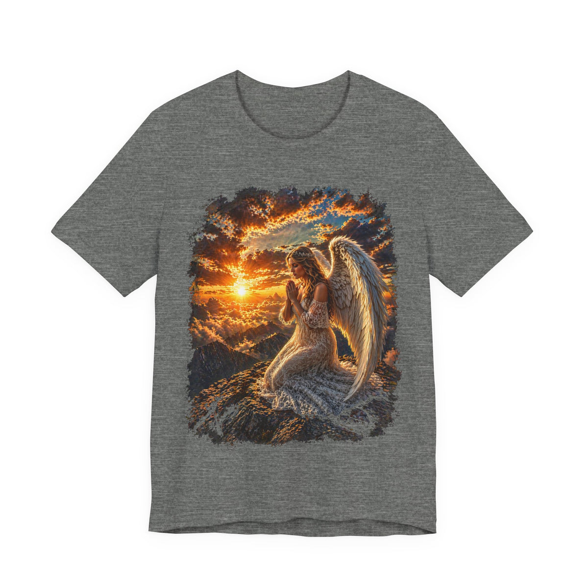 Angel at Sunset Graphic Tee — Prayerful Guardian Winged Angel T-Shirt