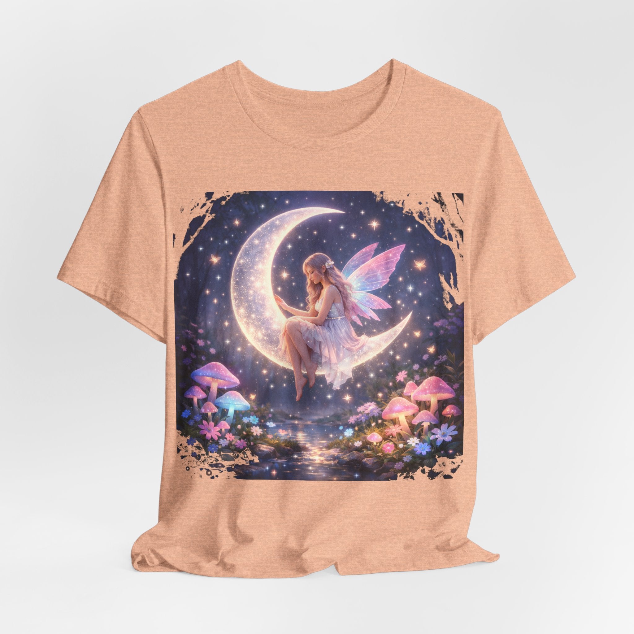 Fairy on the Moon T‑Shirt — Dreamy Fantasy Night Tee with Fairy and Mushrooms