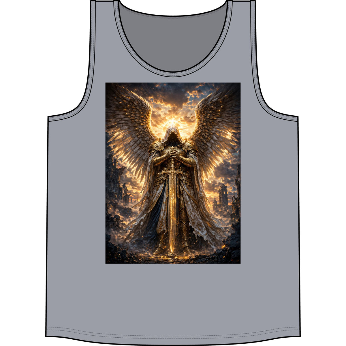 Angel of Gold Graphic Tank Top — Mythic Warrior Winged Design