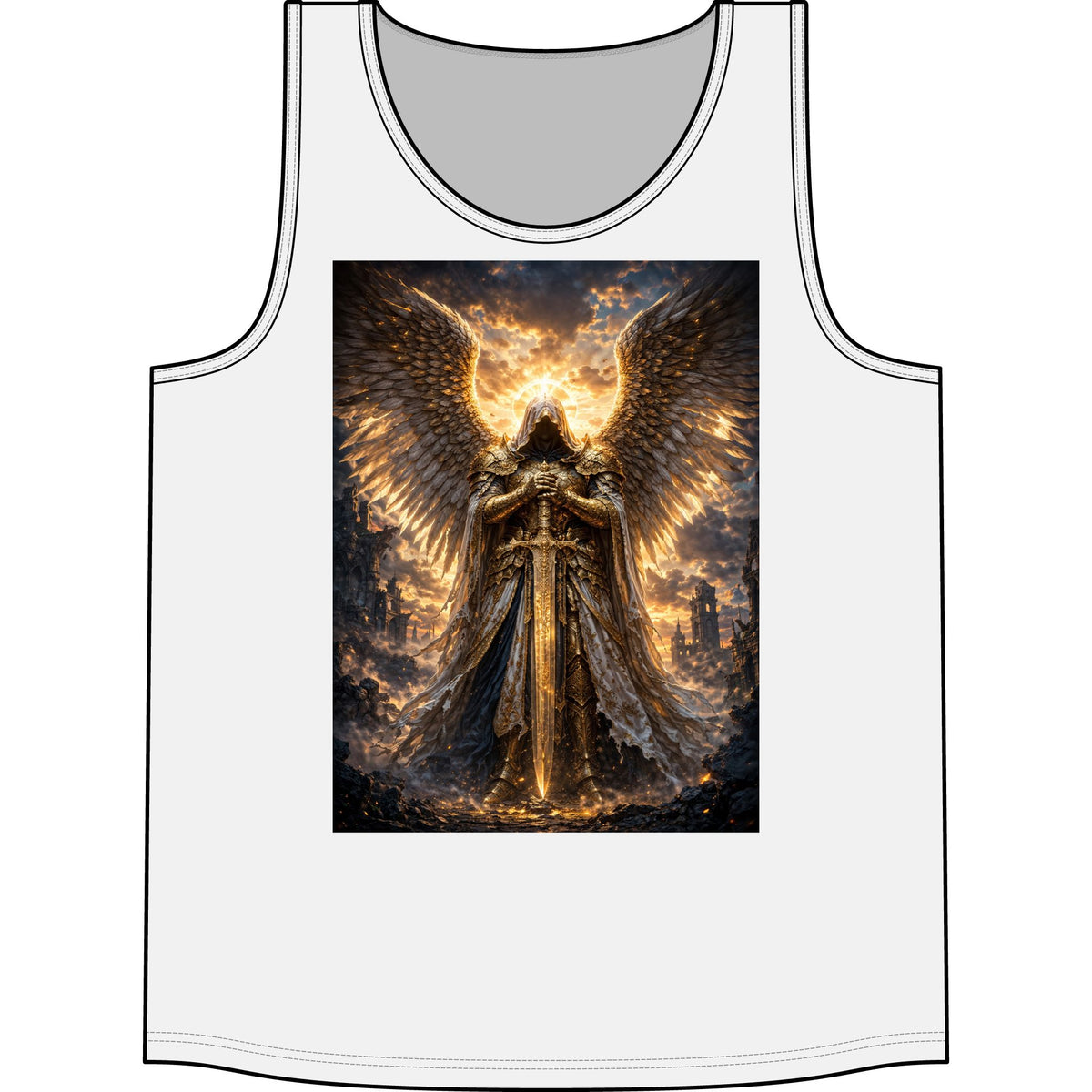 Angel of Gold Graphic Tank Top — Mythic Warrior Winged Design