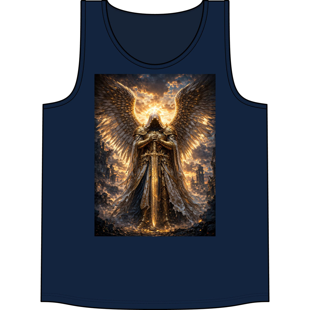Angel of Gold Graphic Tank Top — Mythic Warrior Winged Design
