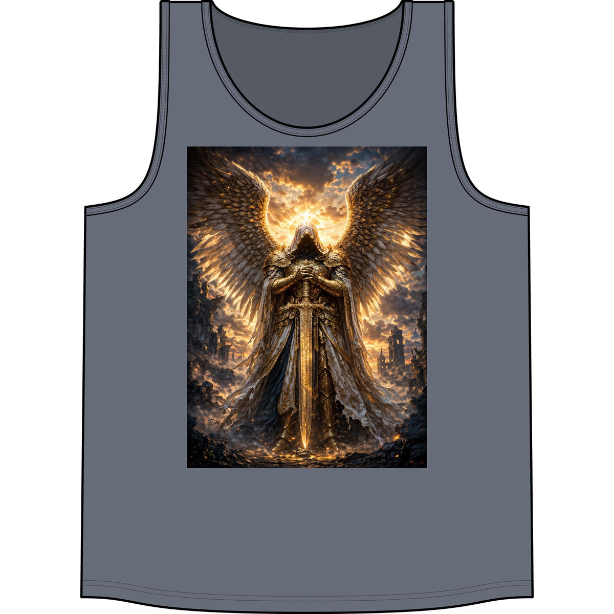 Angel of Gold Graphic Tank Top — Mythic Warrior Winged Design